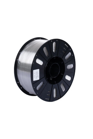 Beta PETG+ Transparent (şeffaf) 3kg 3D yazıcı filamenti makarası ve 1.75mm çap görünümü.