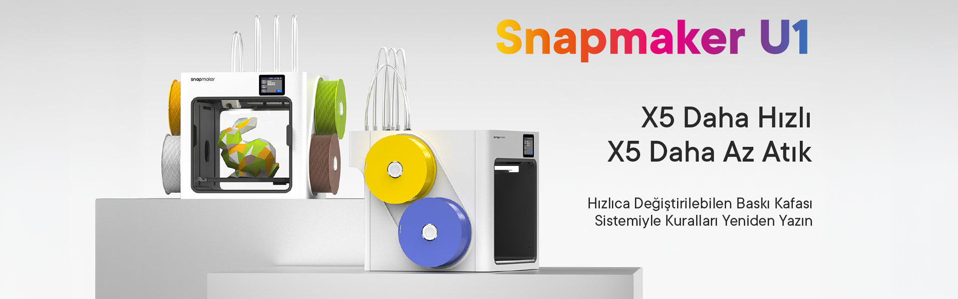 Snapmaker U1 3D Yazıcı için daha hızlı ve daha atık attığı gösteren tanıtım görseli.
